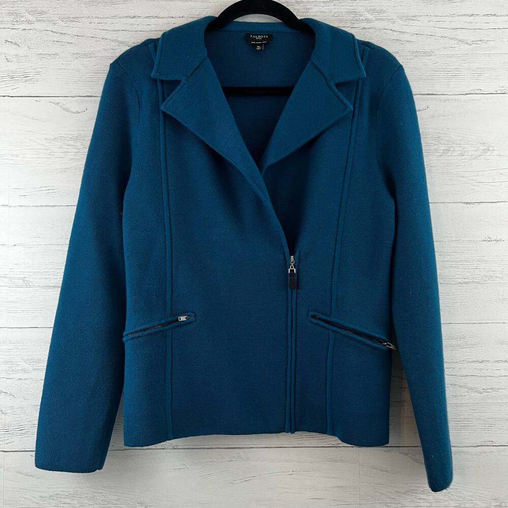 Talbots Teal Merino Wool Zip Up Sweater Jacket Size MP
